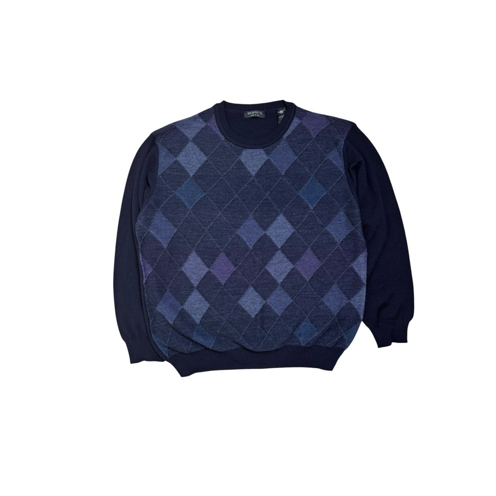 Segreto Sweater Mens Large Black  Argyle 100%‎ New Merino Wool Made Italy